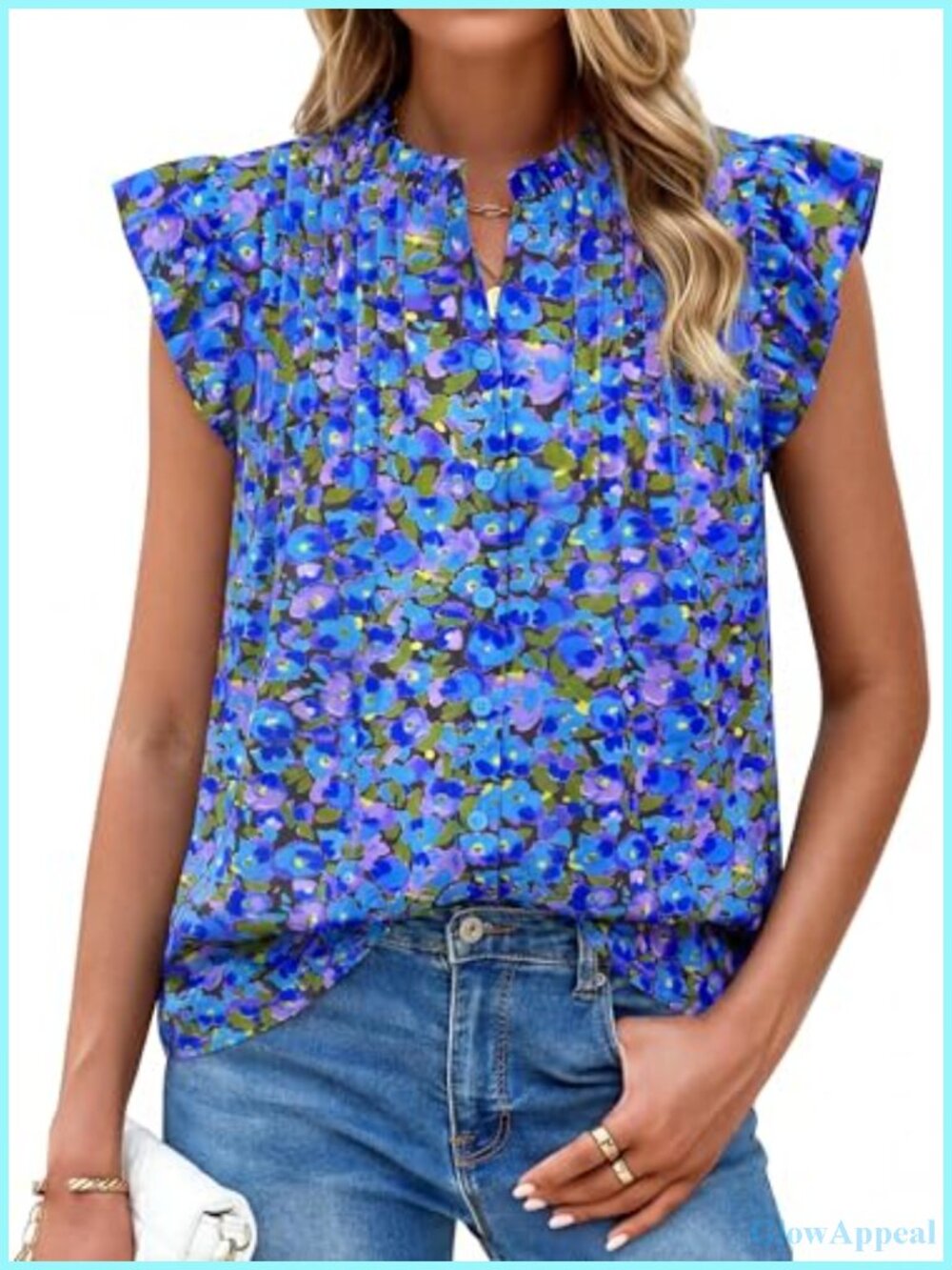 Women's Floral Button Down Blouse Cap Sleeve Mock Neck Summer Top